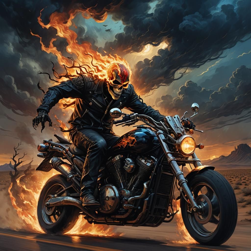Ghost Rider on Hellish Motorcycle: Dark Fantasy Art