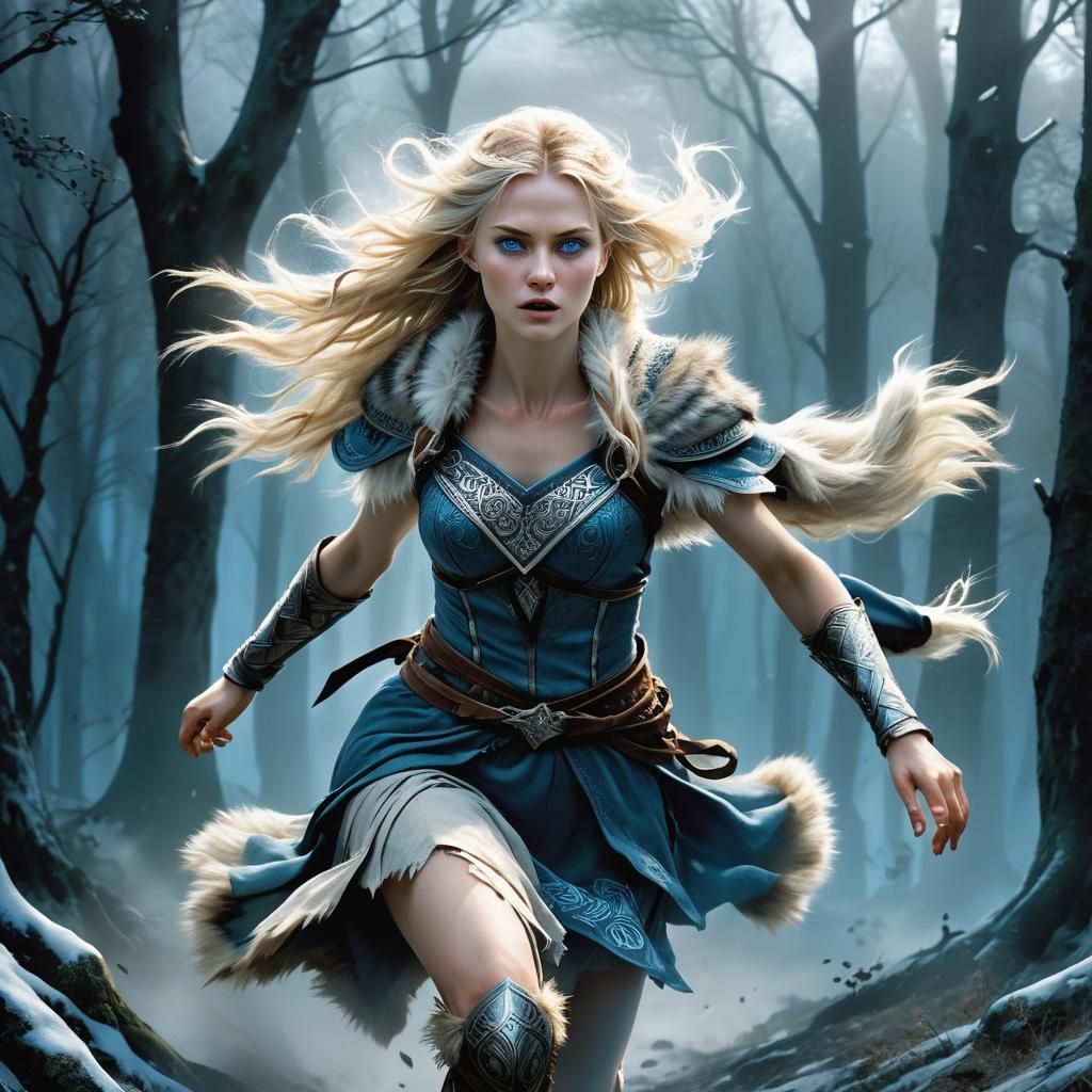 Liberated Valkyrie Running Through Moonlit Woods