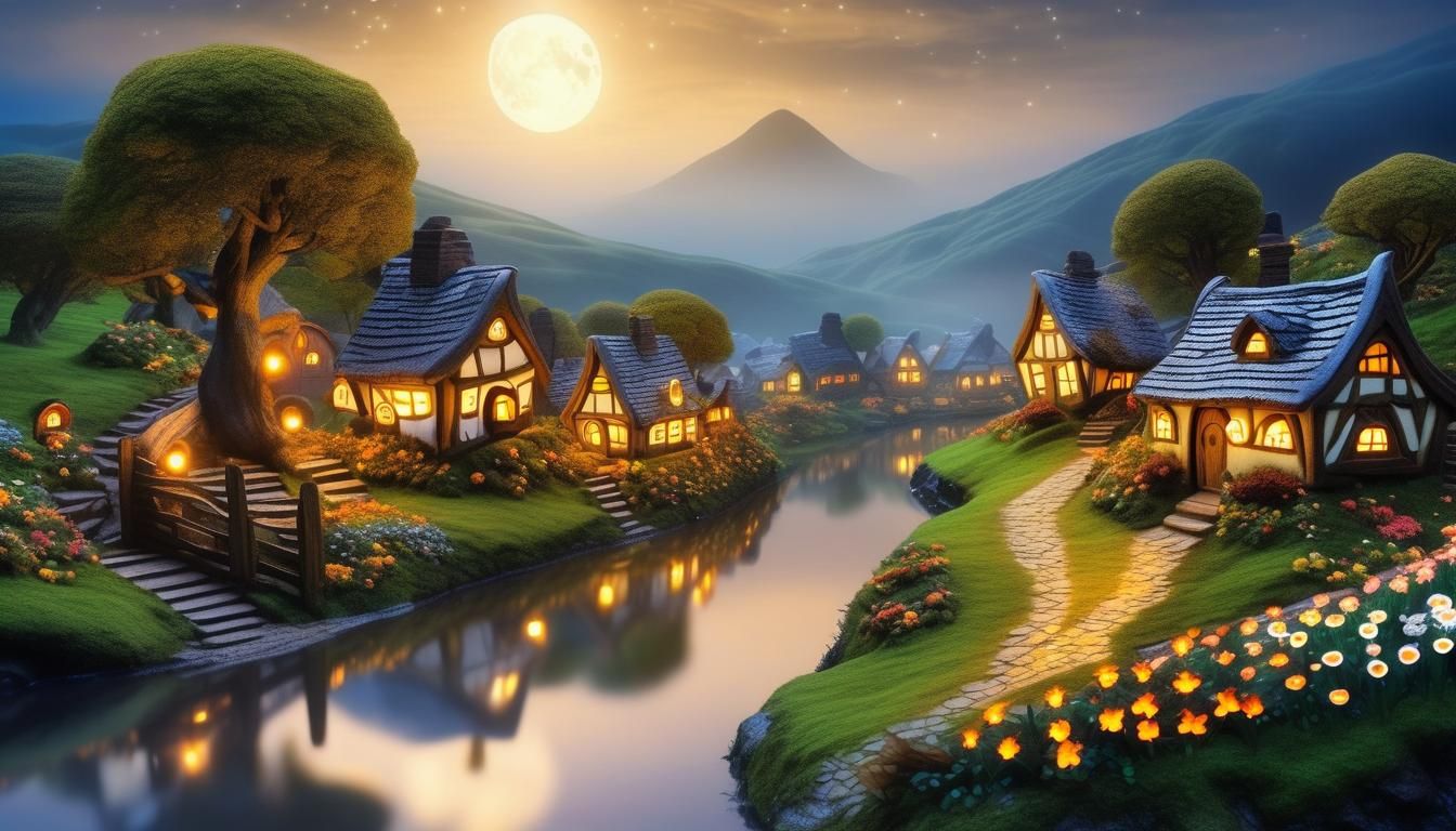 Miniature Hobbit Village with Glowing River and Moon