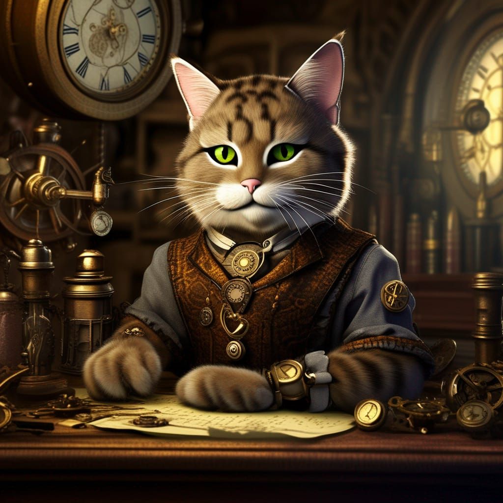 Steampunk Cat Clockmaker with Intricate Gears