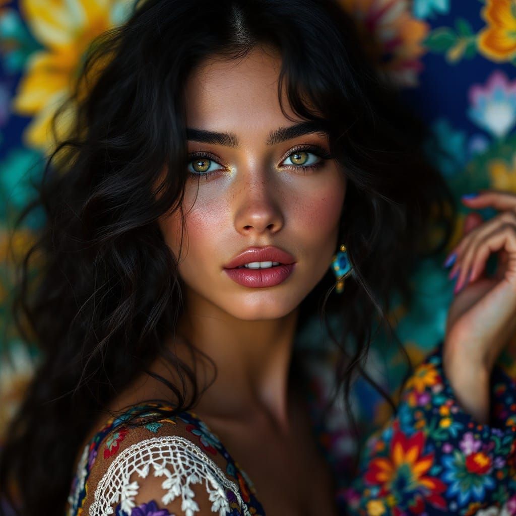 Mysterious Hippie Goddess in Vibrant Psychedelic Dream