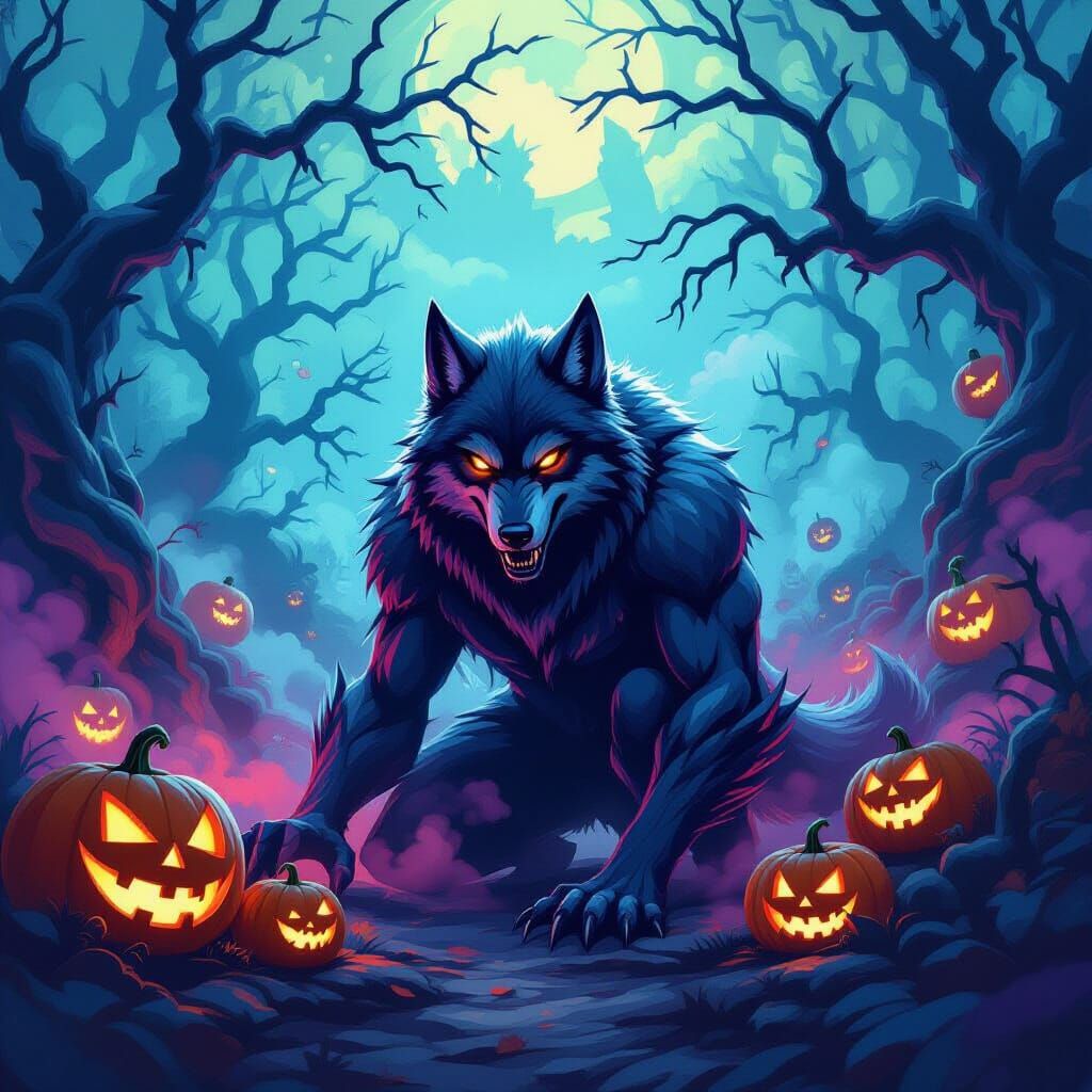 Vibrant Werewolf in Spooky Halloween Scene