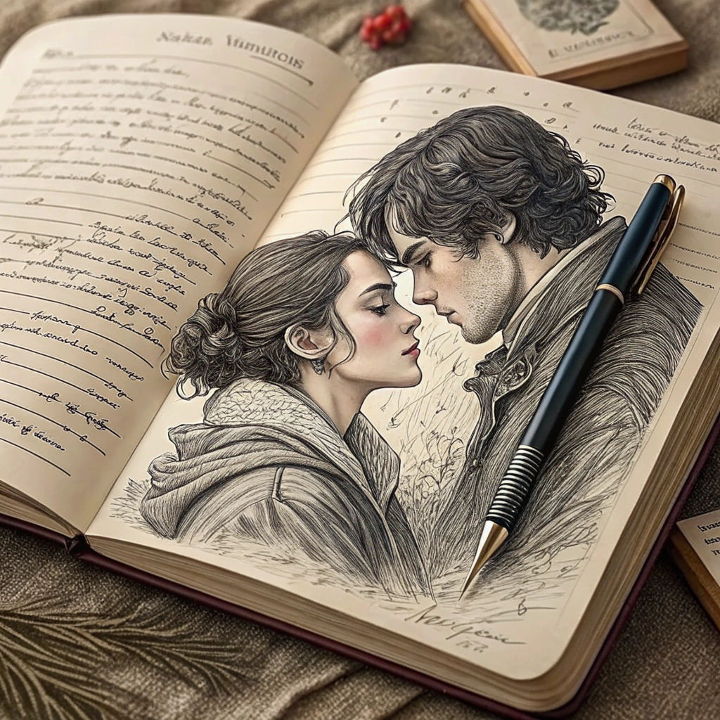 Ink Romance Novel Sketches in Open Notebook