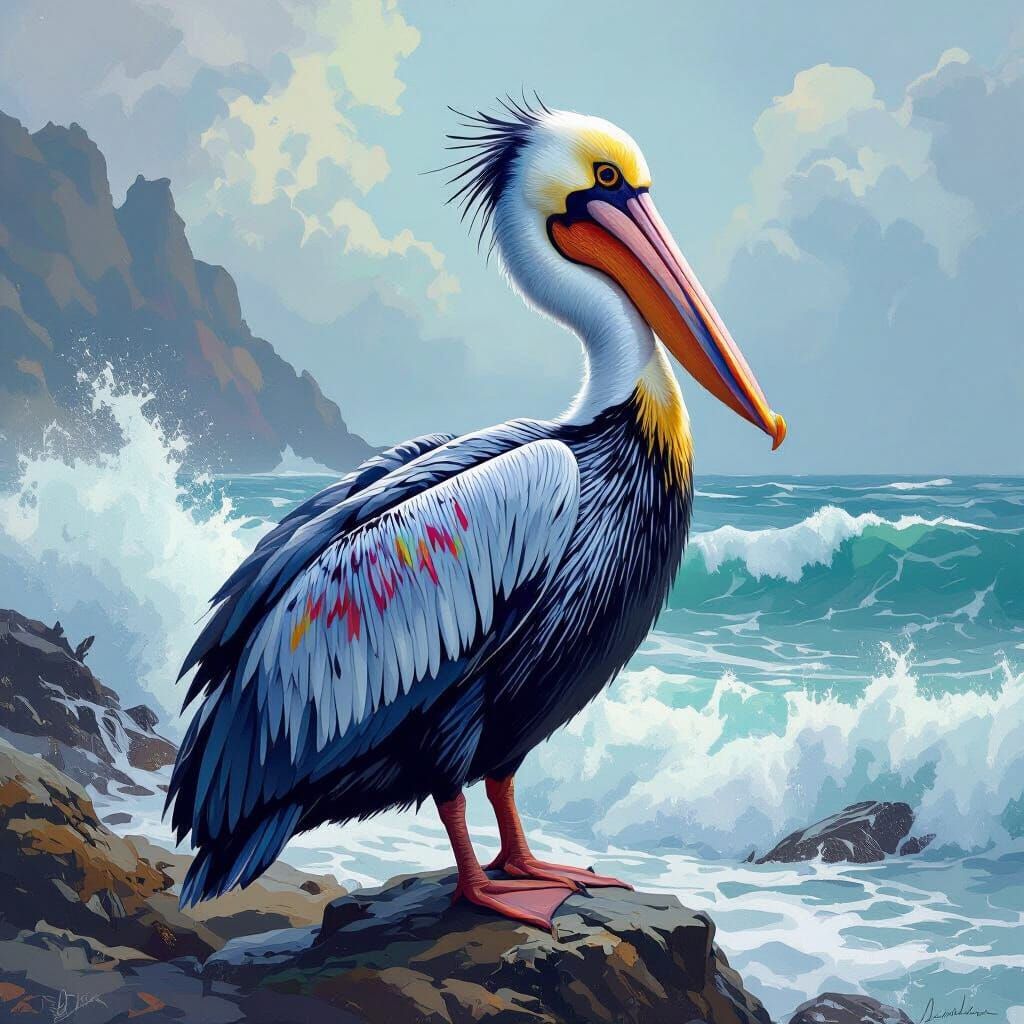Majestic Pelican on Rocky Coastline, Audubon Style