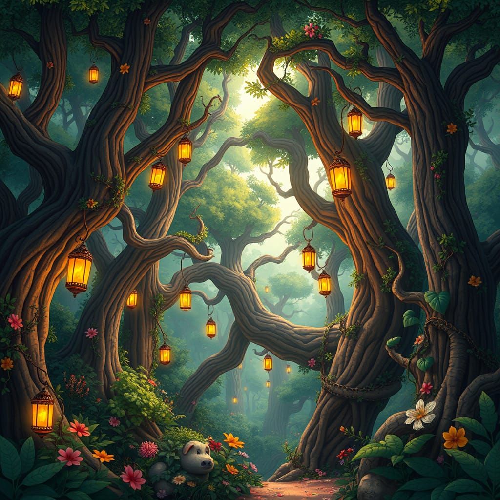 Whimsical Medieval Woodland Scene in Vibrant Colors
