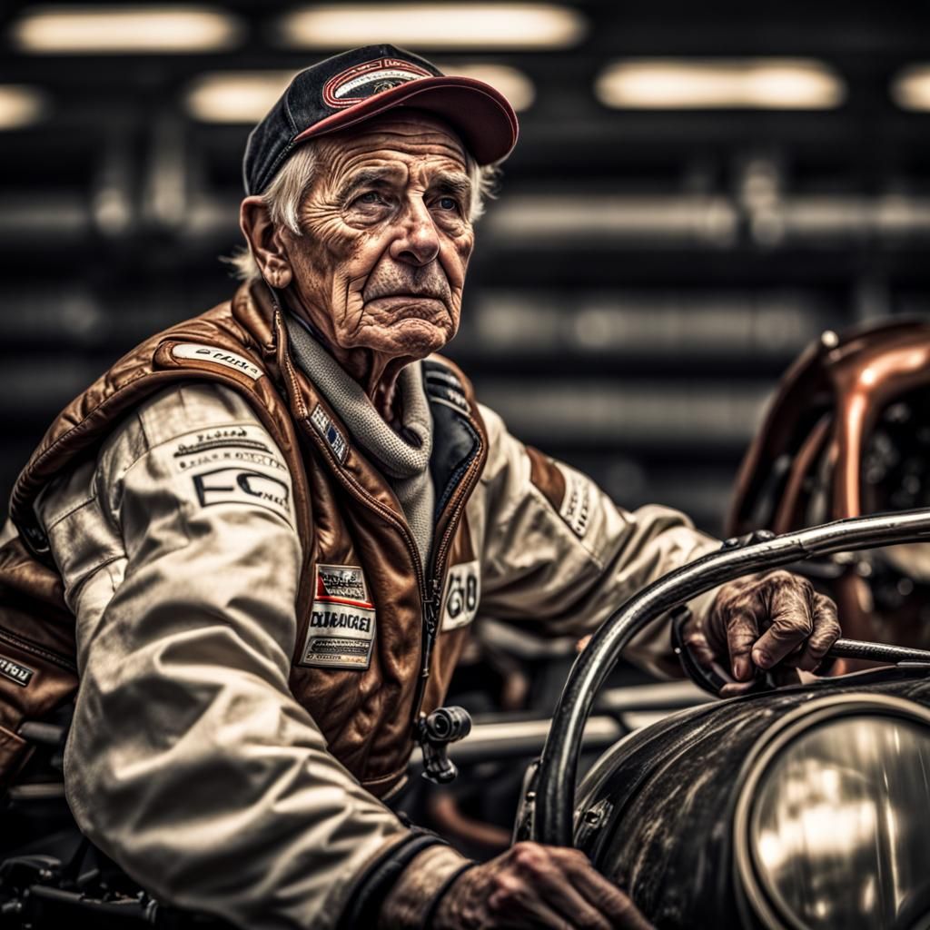 Hyperrealistic Portrait of an Old Male Racer