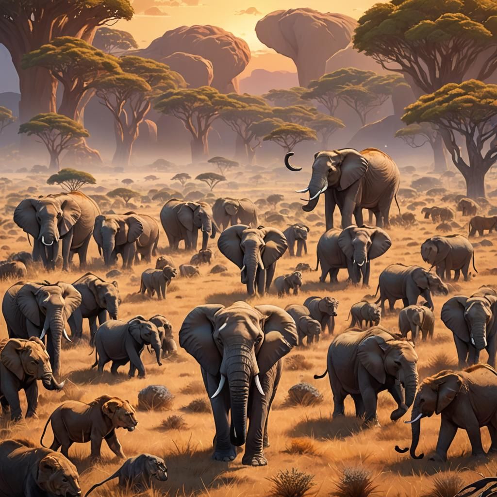 Majestic Elephant Revered by Lions: 3D Concept Art