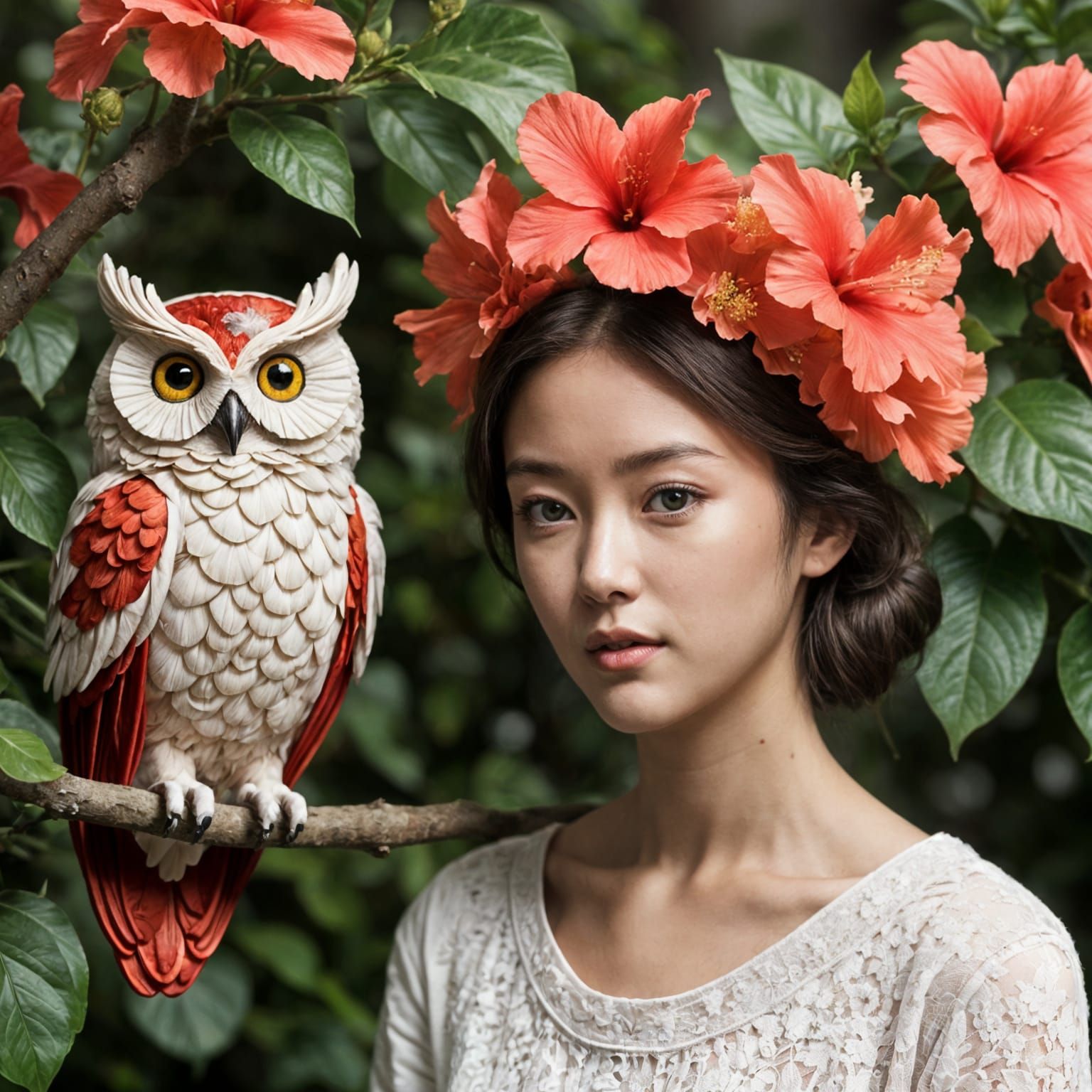 Hibiscowl
Nestled within flowering trees, a quiet owl blinks from its perch. Its wings open with the softness of hibiscu...