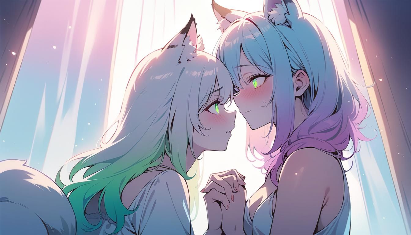 Passionate Embrace of Two Girls in Pastel Style