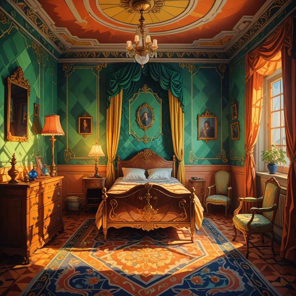 Rococo Bedroom Art Deco Painting with Warm Lighting