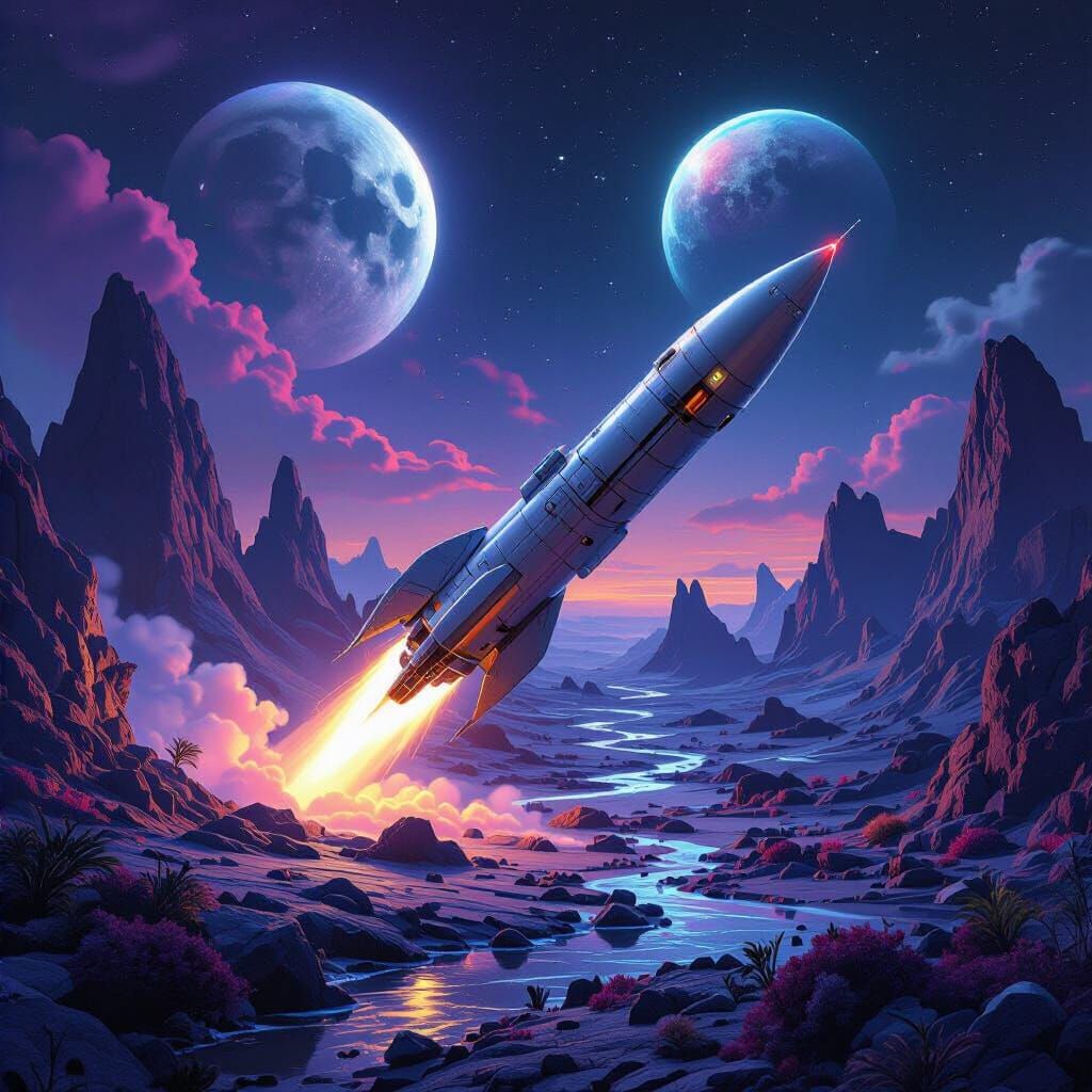 Retro-Futuristic Rocket Landing on Alien Planet