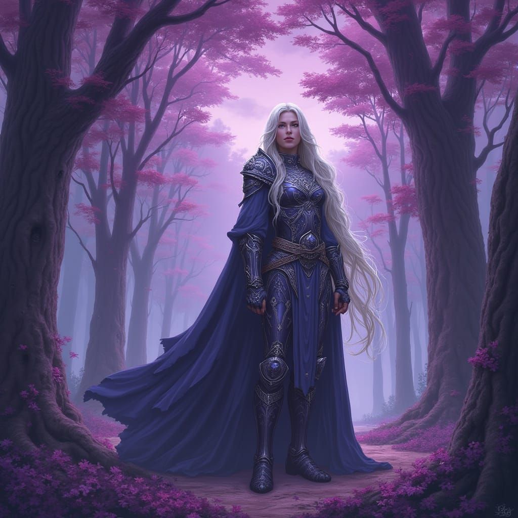 Ethereal Warrior in Purple Forest Skies