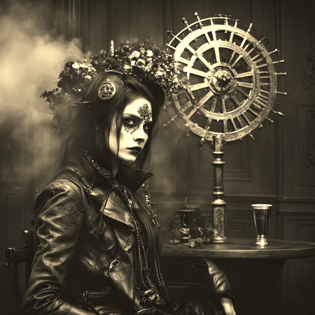 Gothic Fashion Model in Dimly Lit Coffee Shop