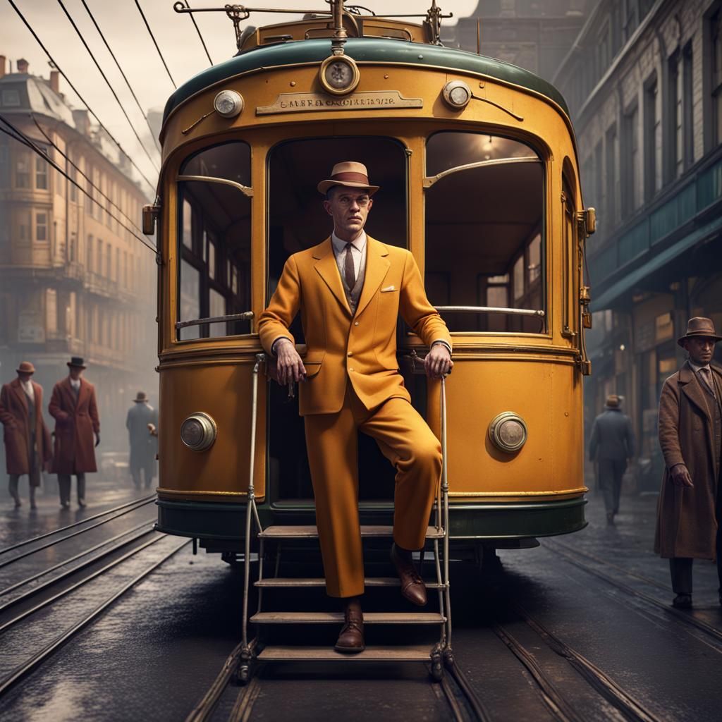 Ochre Man in 1950s Costume on Trolleybus