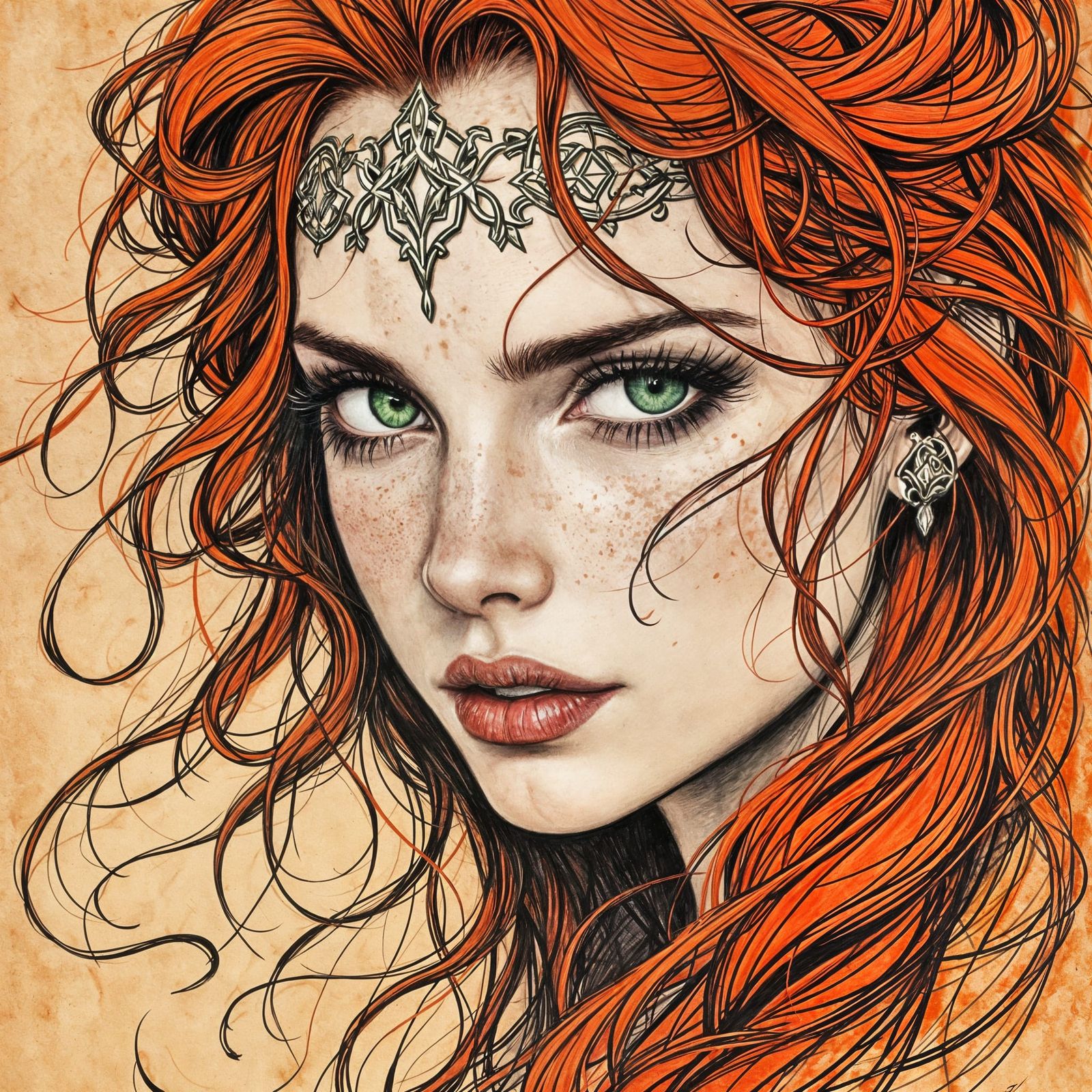 Majestic Celtic Warrior Princess in Art Nouveau Style
