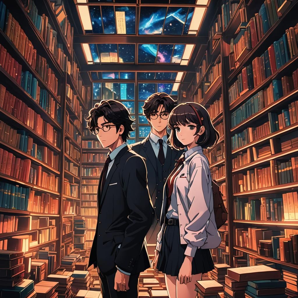 Anime-Inspired Lawyer Couple in 1980s Library