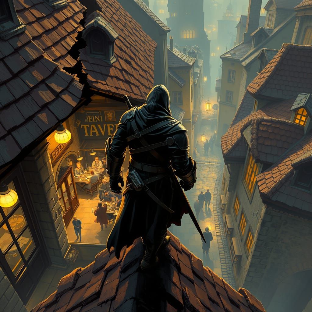 Rooftop Vigil in Futuristic Noir Style