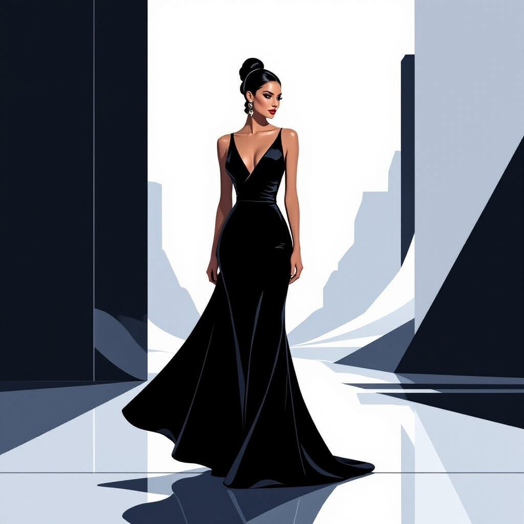 Elegant Woman in Black Dress, Black and White Minimalist Art