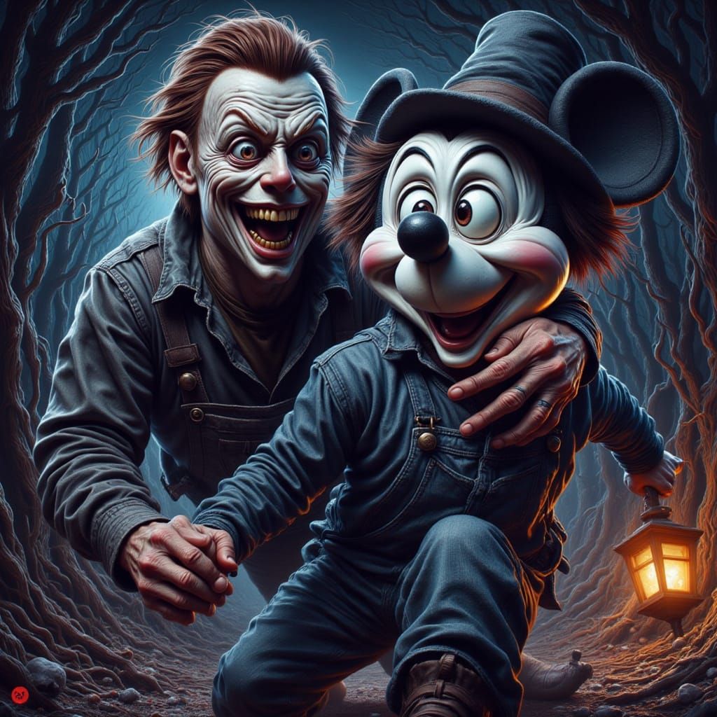 <lora:The  Halloween Shape:1.0>cartoon Michael Meyers chasing some one dressed as Mickey <lora:-Lunatic-:1.0> Mouse