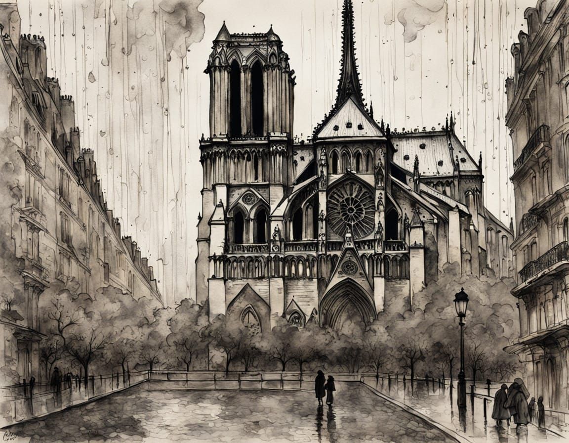 Ethereal Ink Rendering of Notre Dame Cathedral in a Gothic M...