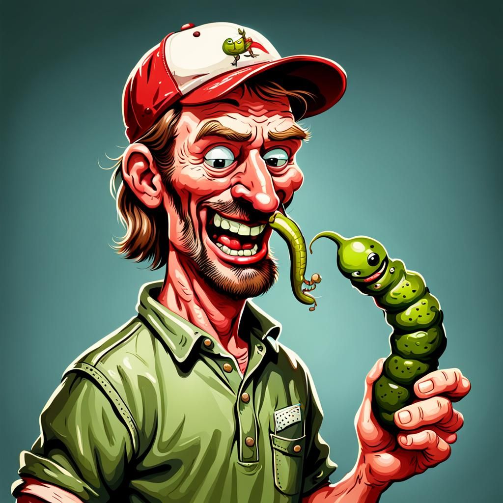 Funny Caricature of a Redneck with Worm and Pickle