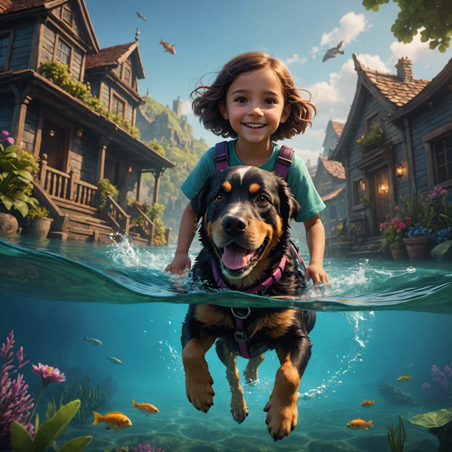 Cute Dog and Girl Swimming, Detailed Matte Painting