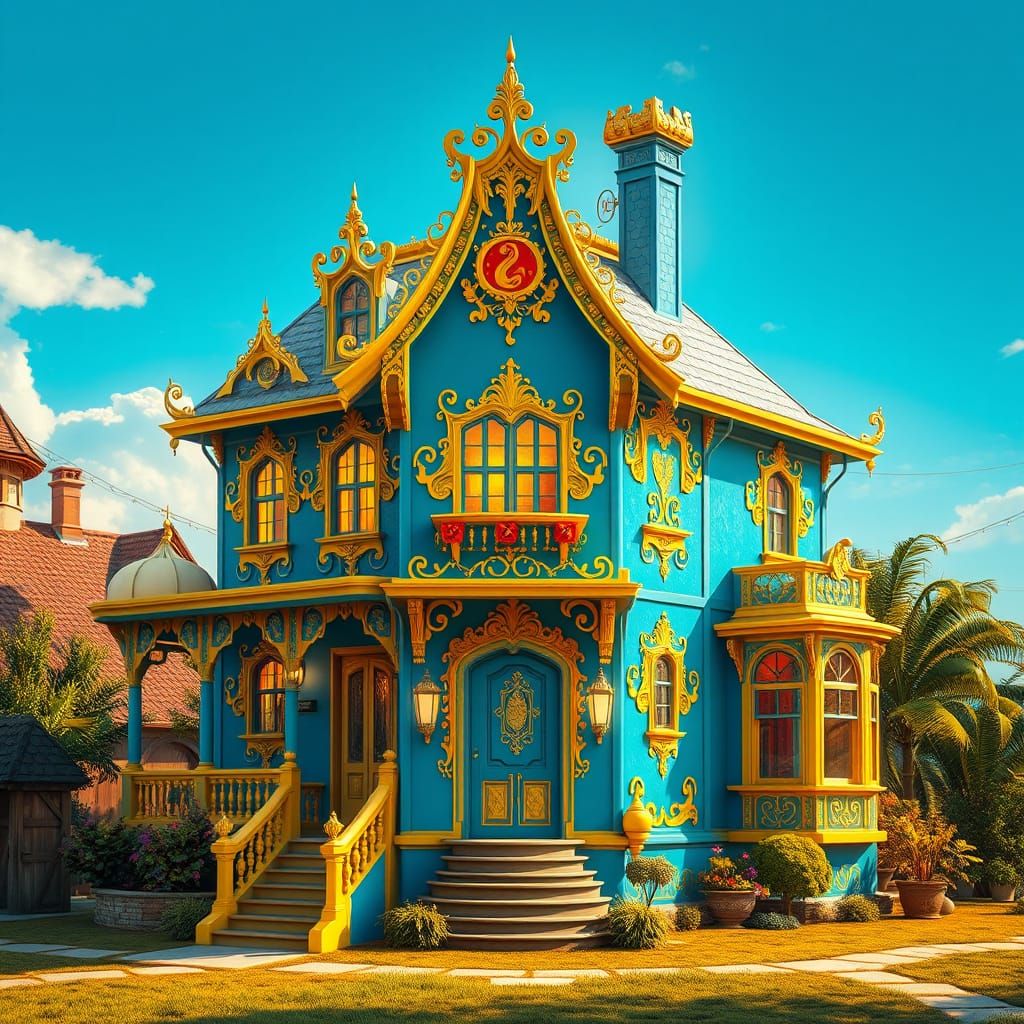 Blue and Yellow House in a Fantasy Art Style