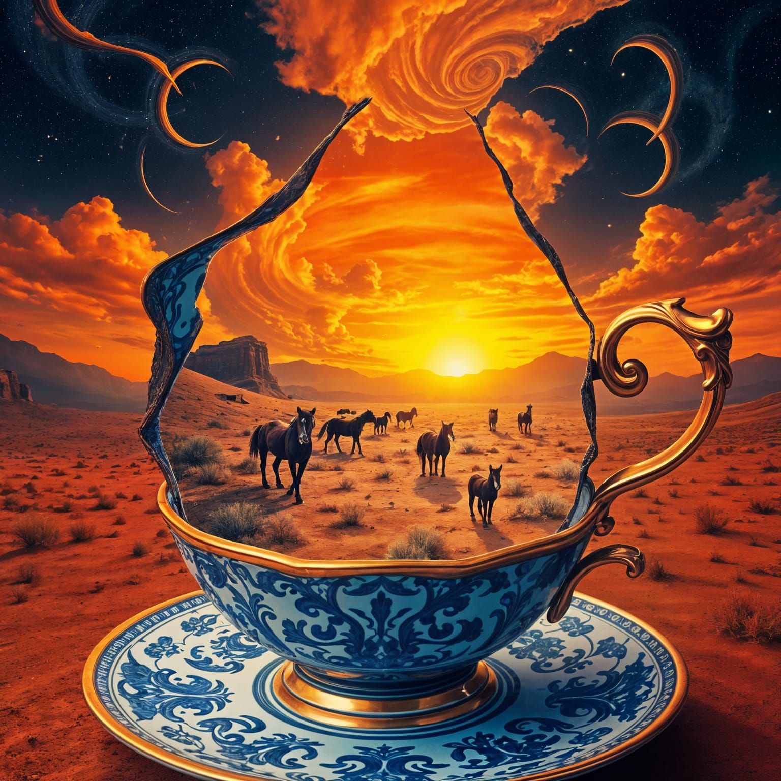 Surreal Teacup Reveals Desert Horse Herd