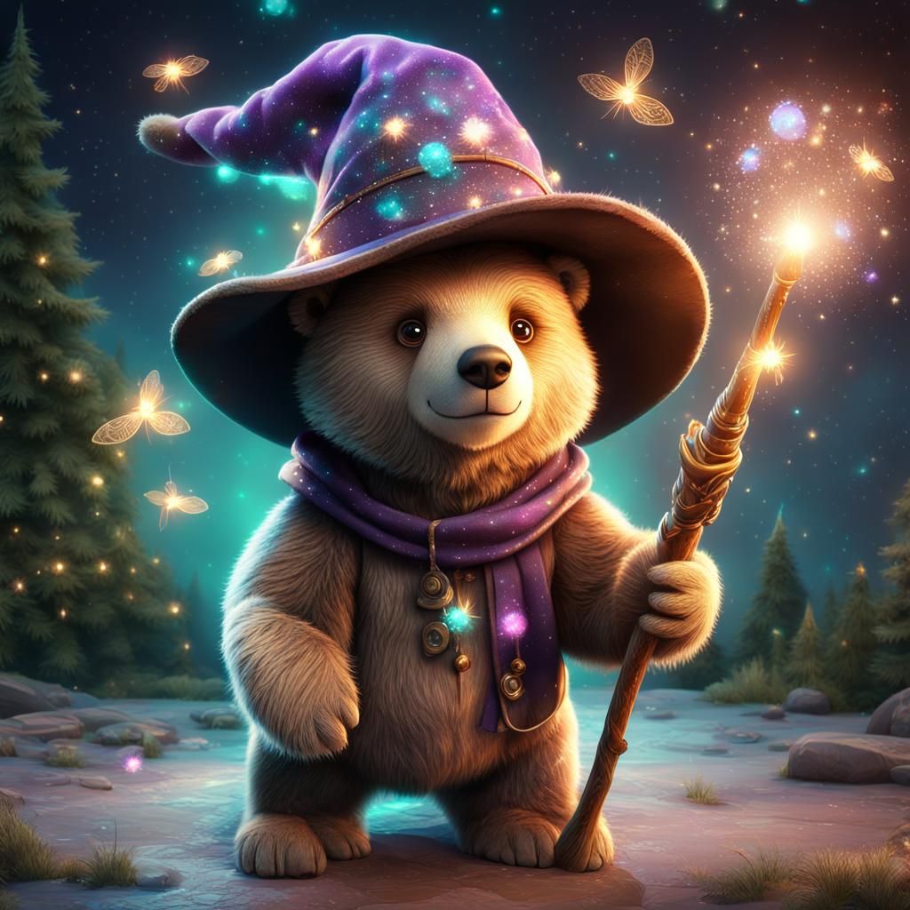 Brown Bear Wizard Flying Through Galaxy in CGI