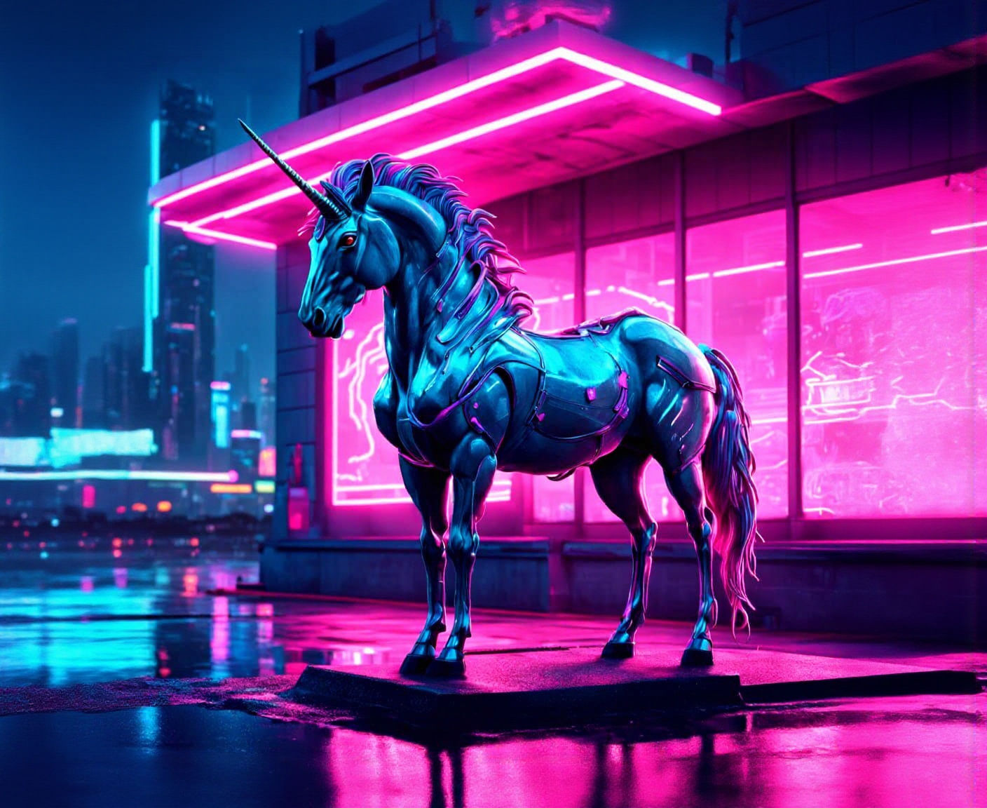 Cyberpunk Unicorn Perched on Futuristic City Building