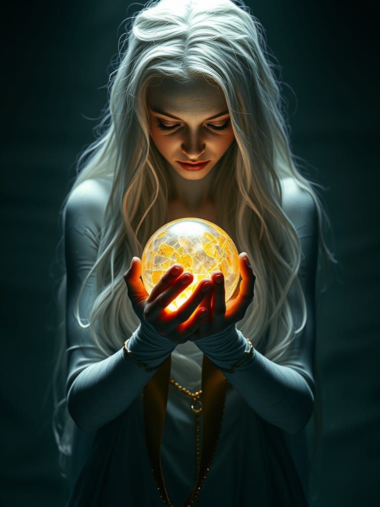 Porcelain Woman Mends Sorrowful Orb with Molten Gold