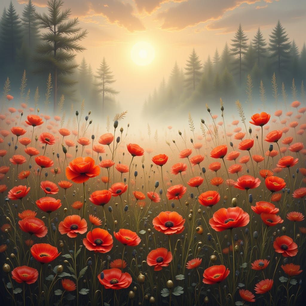 Ethereal Poppy Field in Mystical Fog
