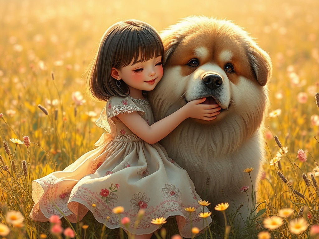 Girl Hugging Dog in Sun-Drenched Meadow