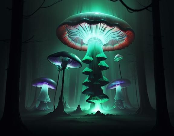 Giant Jellyfish in Mystical Toadstool Forest: Digital Art