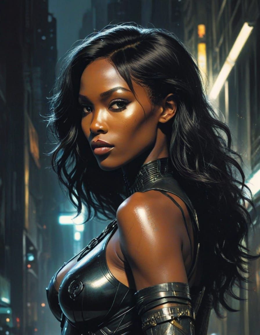 Cyberpunk Naomi Campbell in Comic Book Style