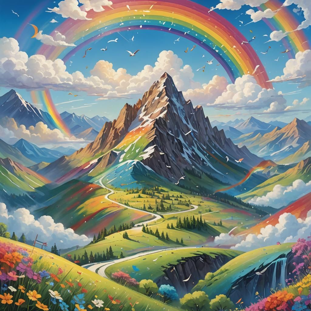 Musical Rainbow Over Mountain Valley: Dreamy Oil Painting