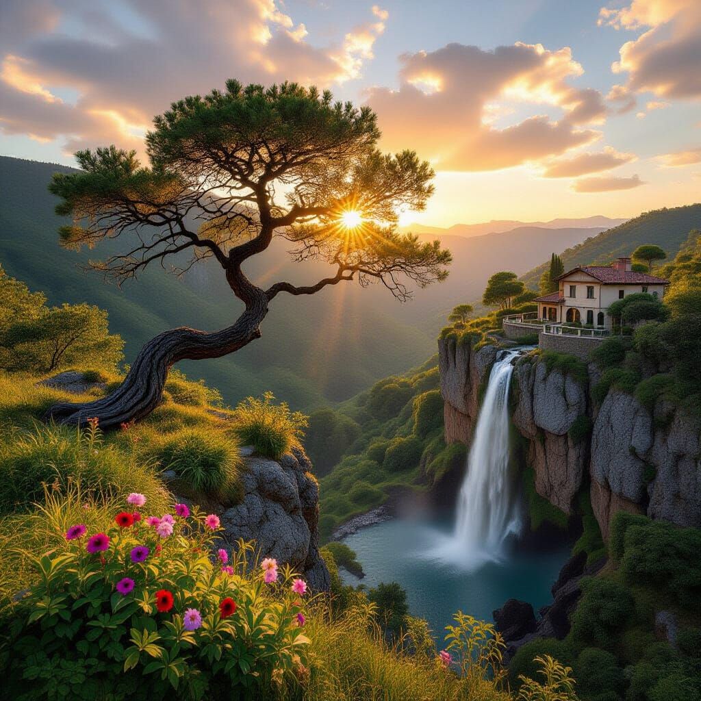 Beautiful Willow Tree Overlooking Waterfall Cliffside