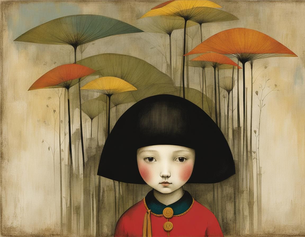 Whimsical Portrait of Young Girl in Traditional Art Style