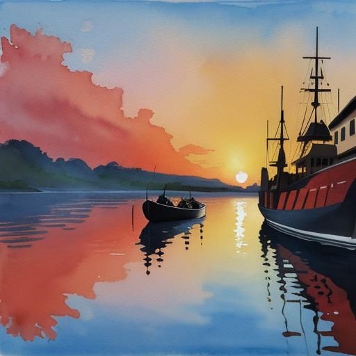 Sunset Reflection: A Gouache Style River Scene