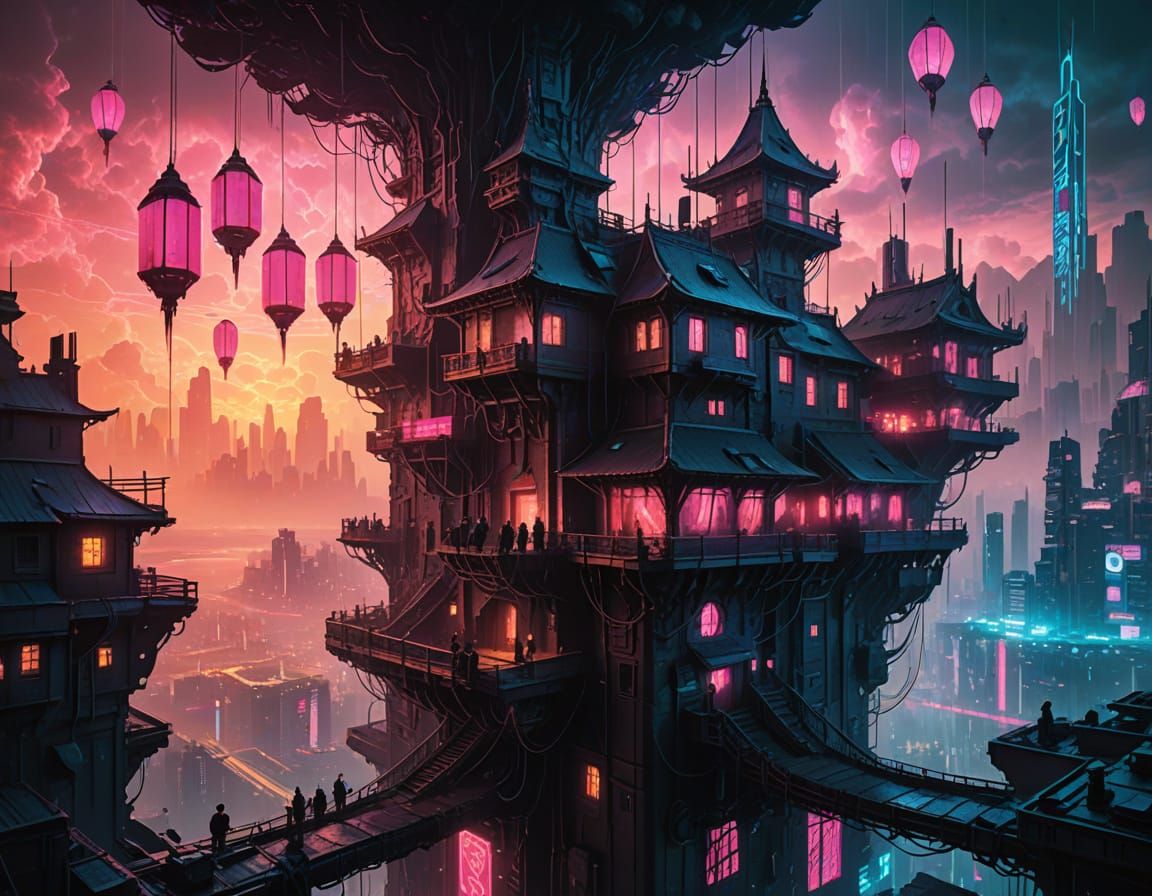 Ethereal Steampunk Treehouse Castle at Sunset