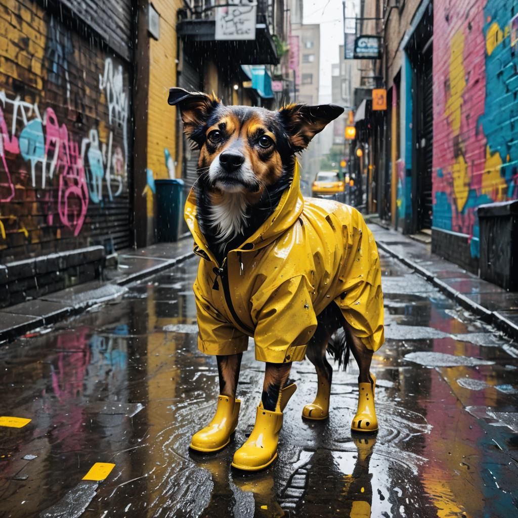 Dog in Raincoat: Vibrant Graffiti Street Art