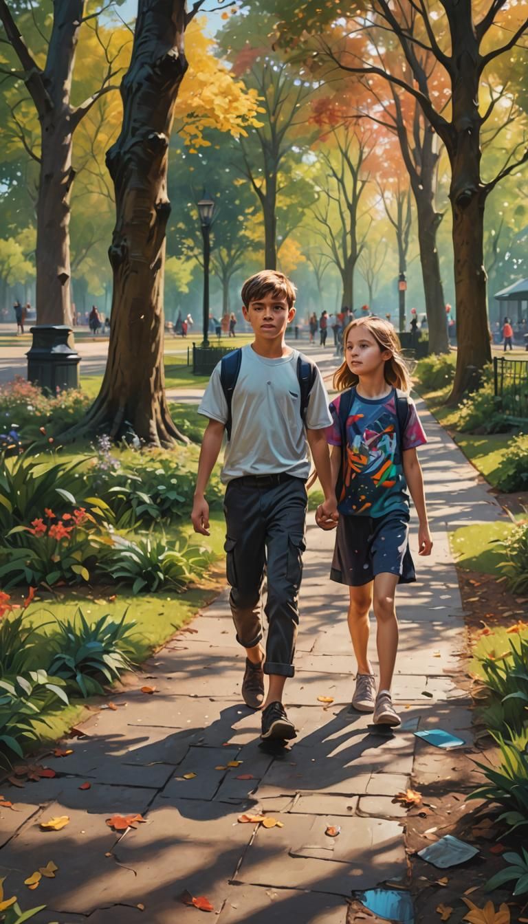 Brother and Sister Walking in Park: Hyperrealistic Splash Ar...