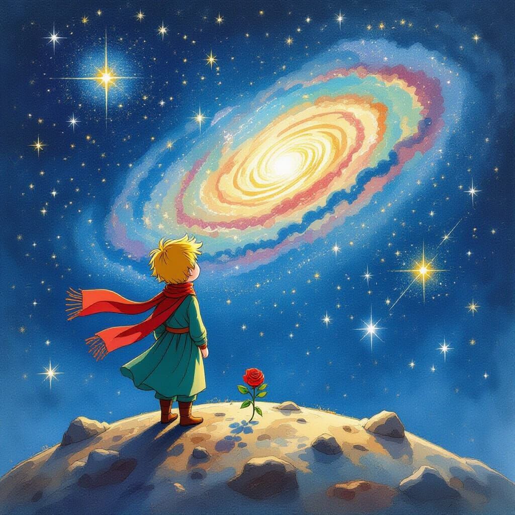 The Little Prince Gazing at Cosmic Sky, Watercolor Style