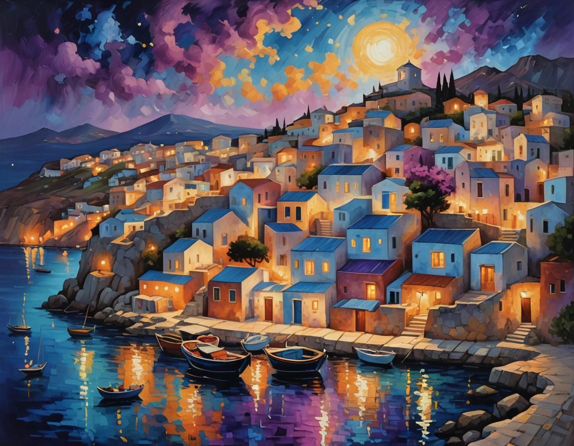 Greek Island Village at Night in Neo-Impressionist Style