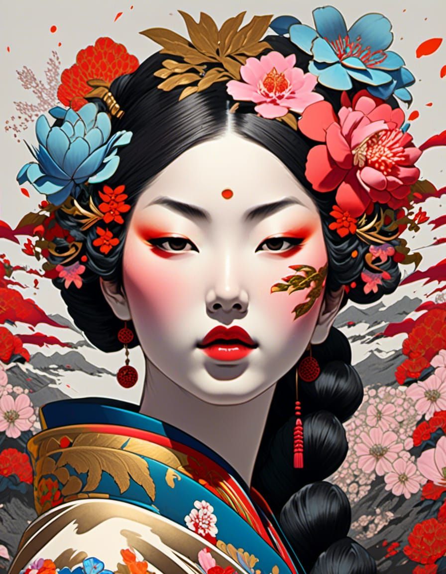 Ukiyo-e Woman Portrait with Graffiti Art Flowers