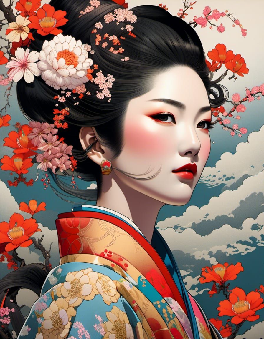 Ukiyo-e Woman in Graffiti Art Flower Explosion