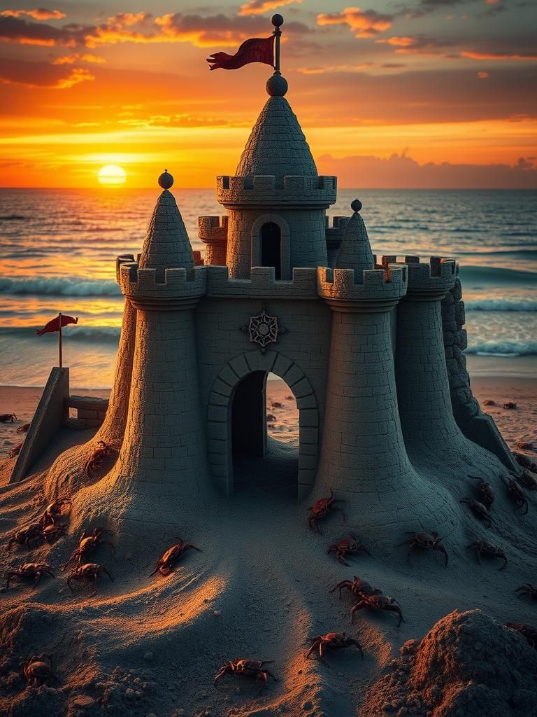 Mystical Sandcastle City at Sunset in Cinematic Style