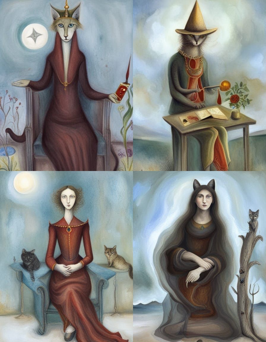 Leonora Carrington Style Tarot Cat