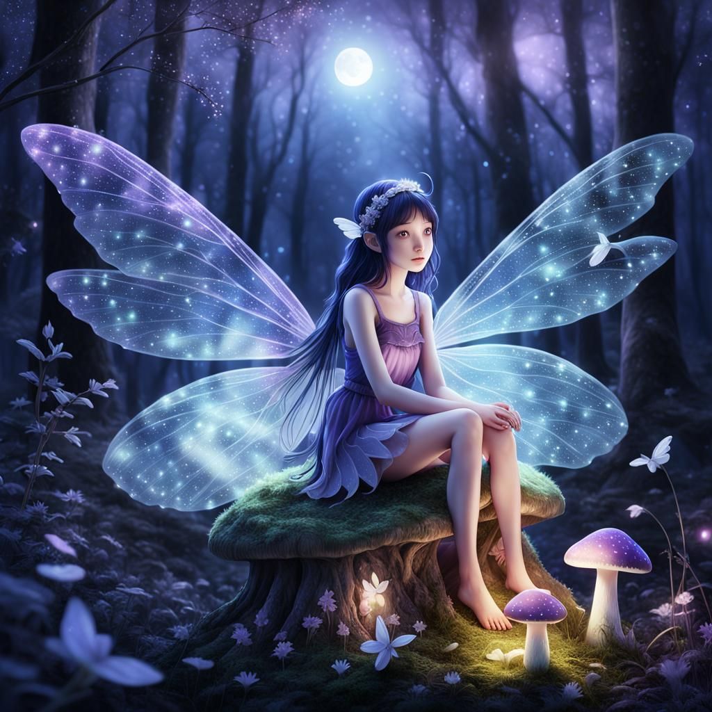 Moonlit Fairy on Toadstool in Digital Art Style
