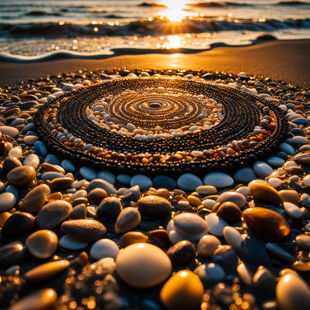 Detailed Beach Mandala of Pebbles and Seashells